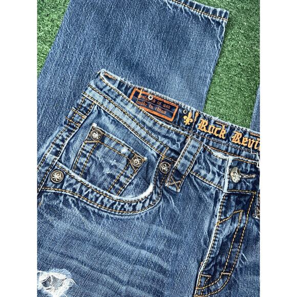 Rock Revival Jeans Mens Y2K Anthony Straight Distressed Faded Whiskering 32x33 - Picture 4 of 12